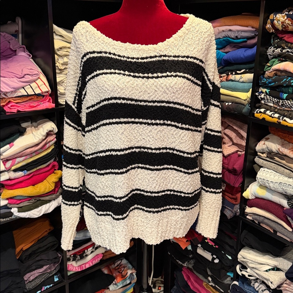 #267. 4/$32 Black and White Striped Women's popcorn Sweater